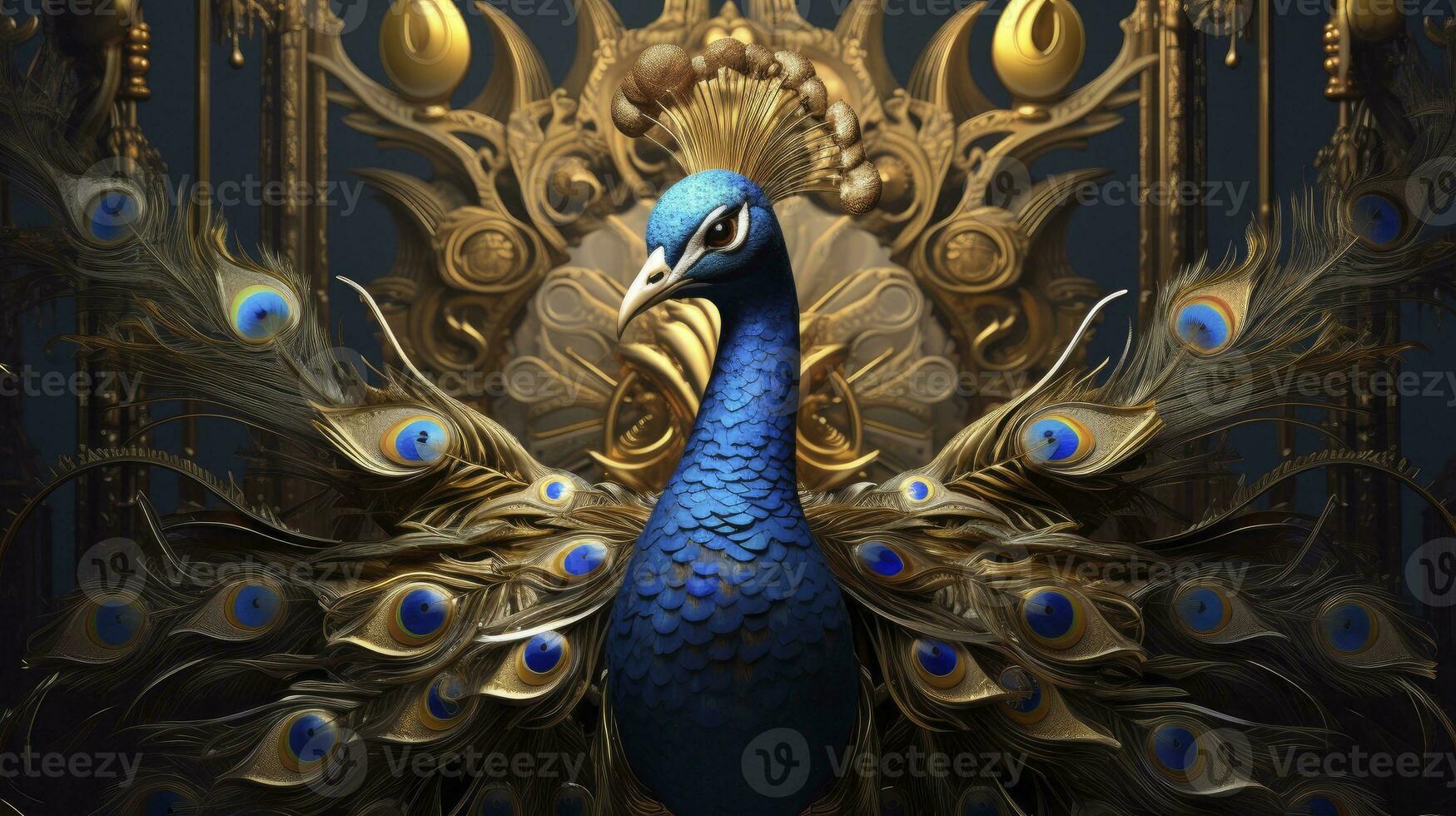 AI generated A peacock featuring opulent golden accents and regal motifs photo