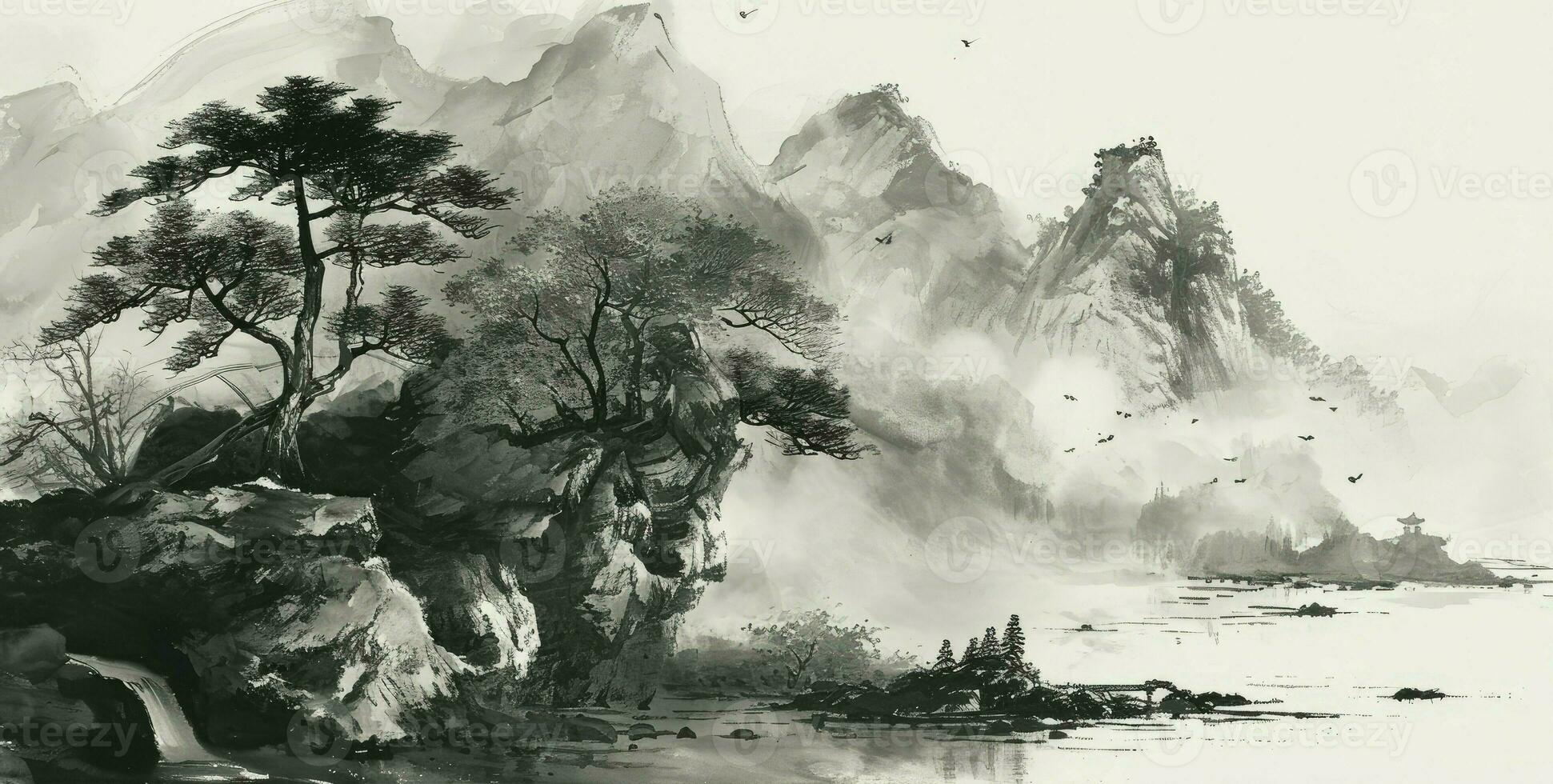 AI generated Chinese style ink landscape photo