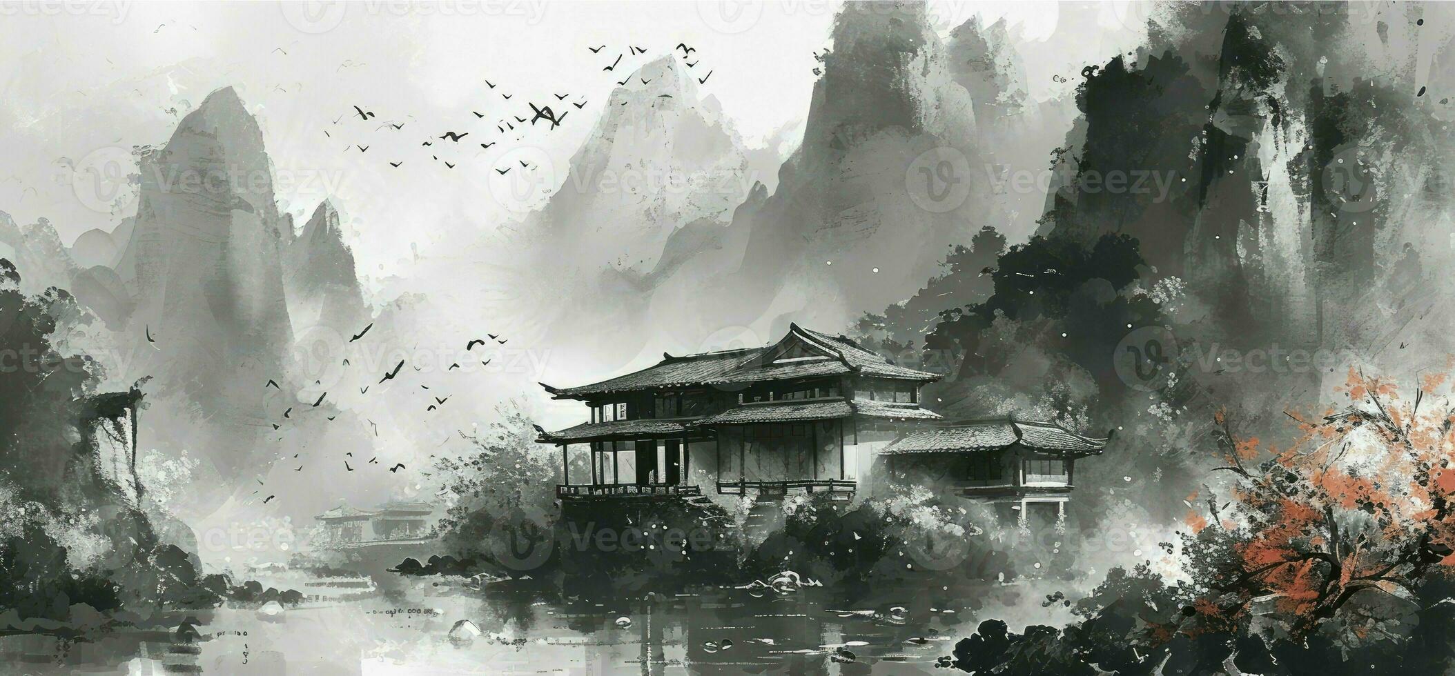 AI generated Chinese style ink landscape photo