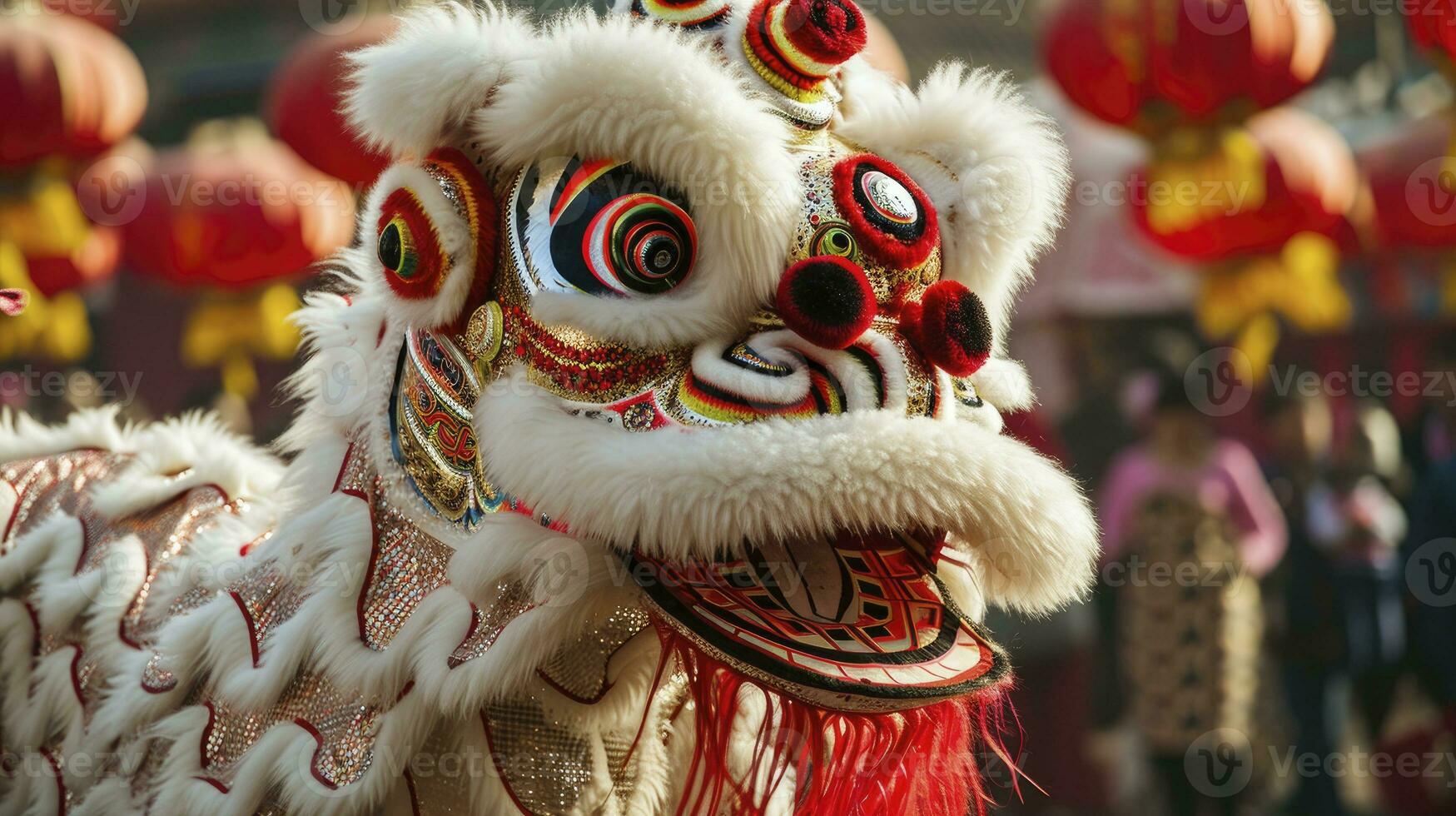 AI generated Chinese traditional lion dance costume performing at a temple in China, Lunar new year celebration, Chinese New Year photo