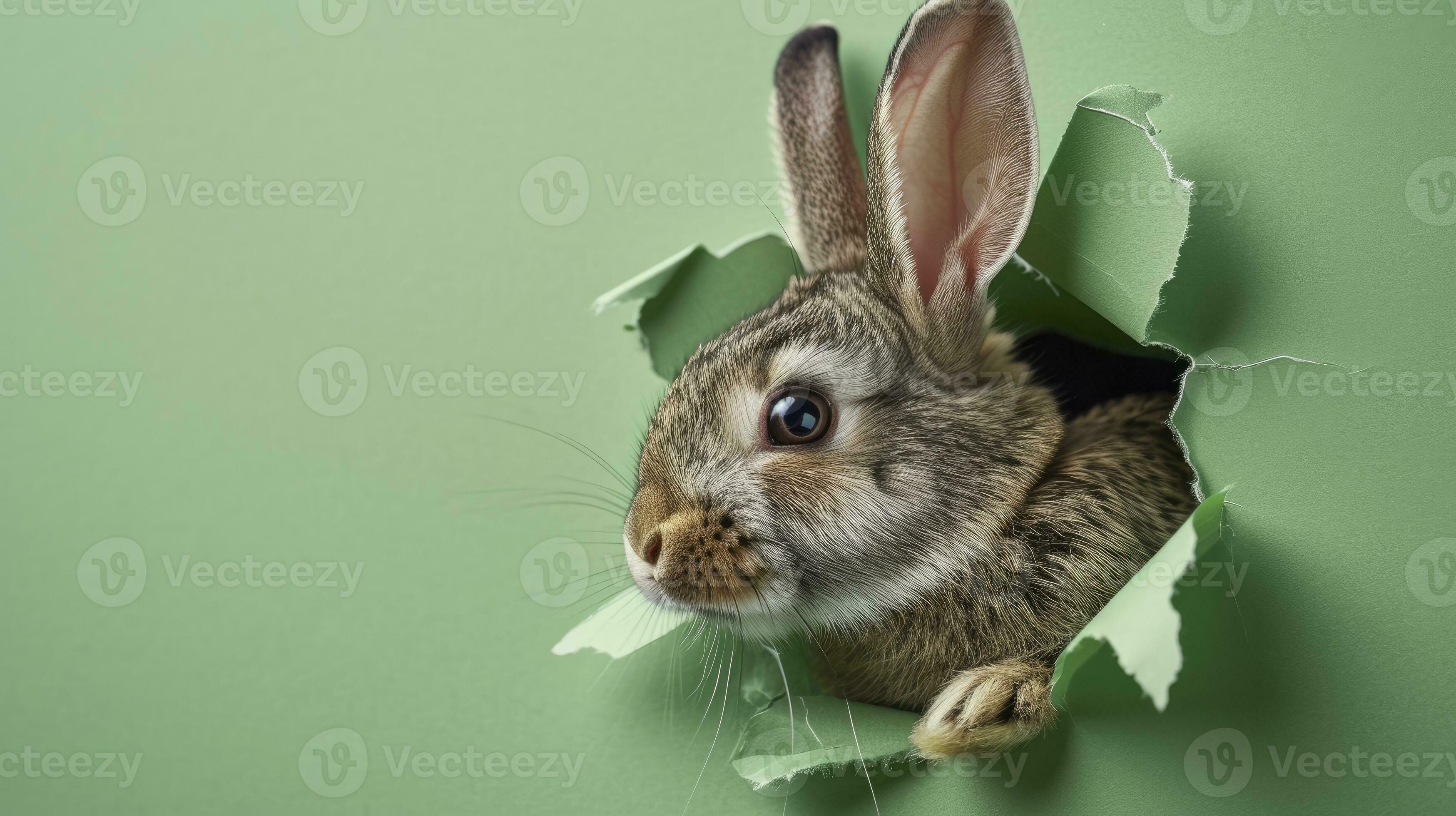 AI generated Bunny peeking out of a hole in paper, fluffy eared bunny