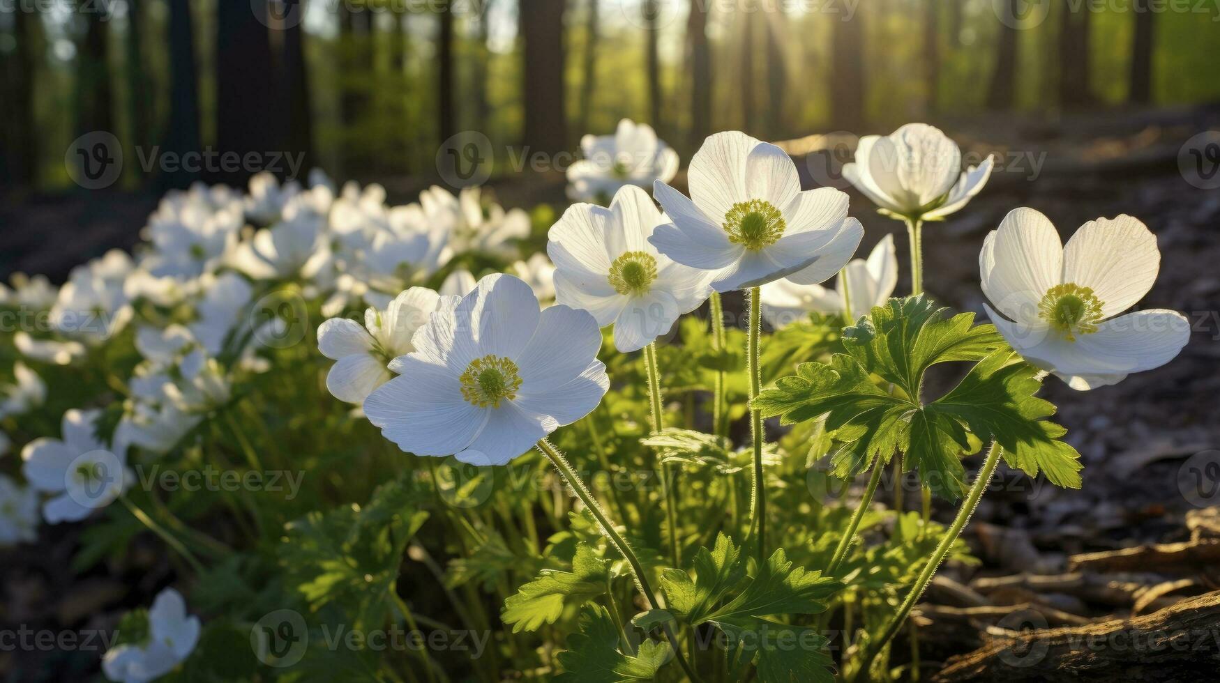 ai generado hermosa blanco flores de anémonas en primavera en antecedentes bosque en luz de sol en naturaleza foto