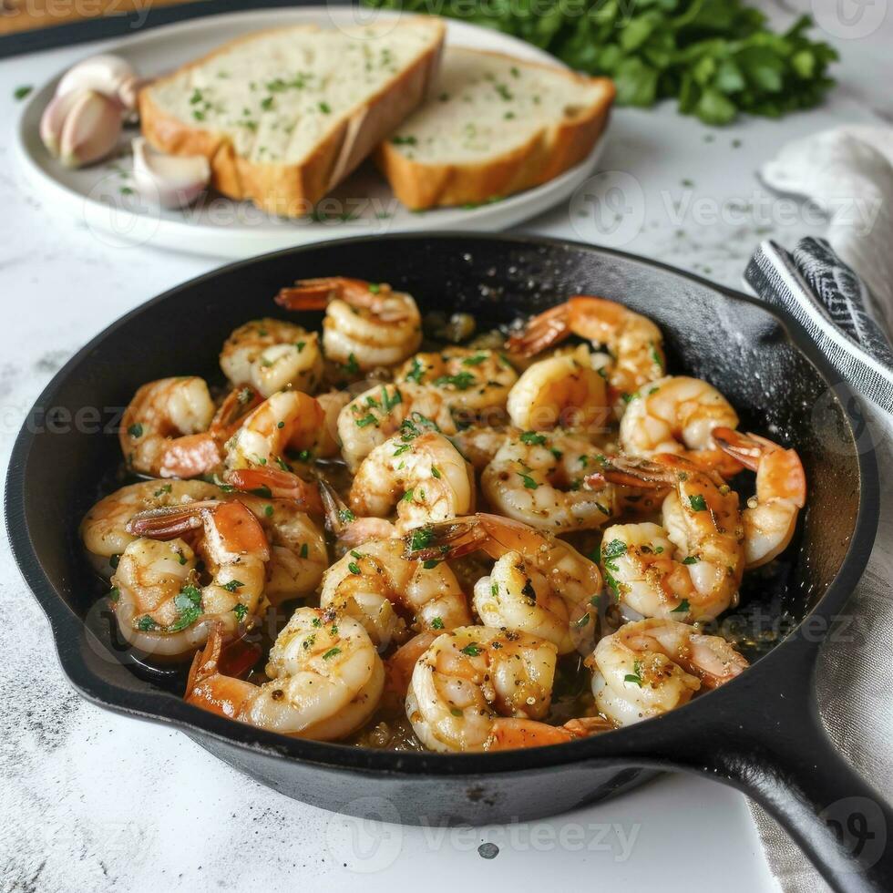 AI generated A cast iron skillet with garlic shrimp, on a white countertop. Behind the skillet is a plate with a portion of shrimp and bread photo