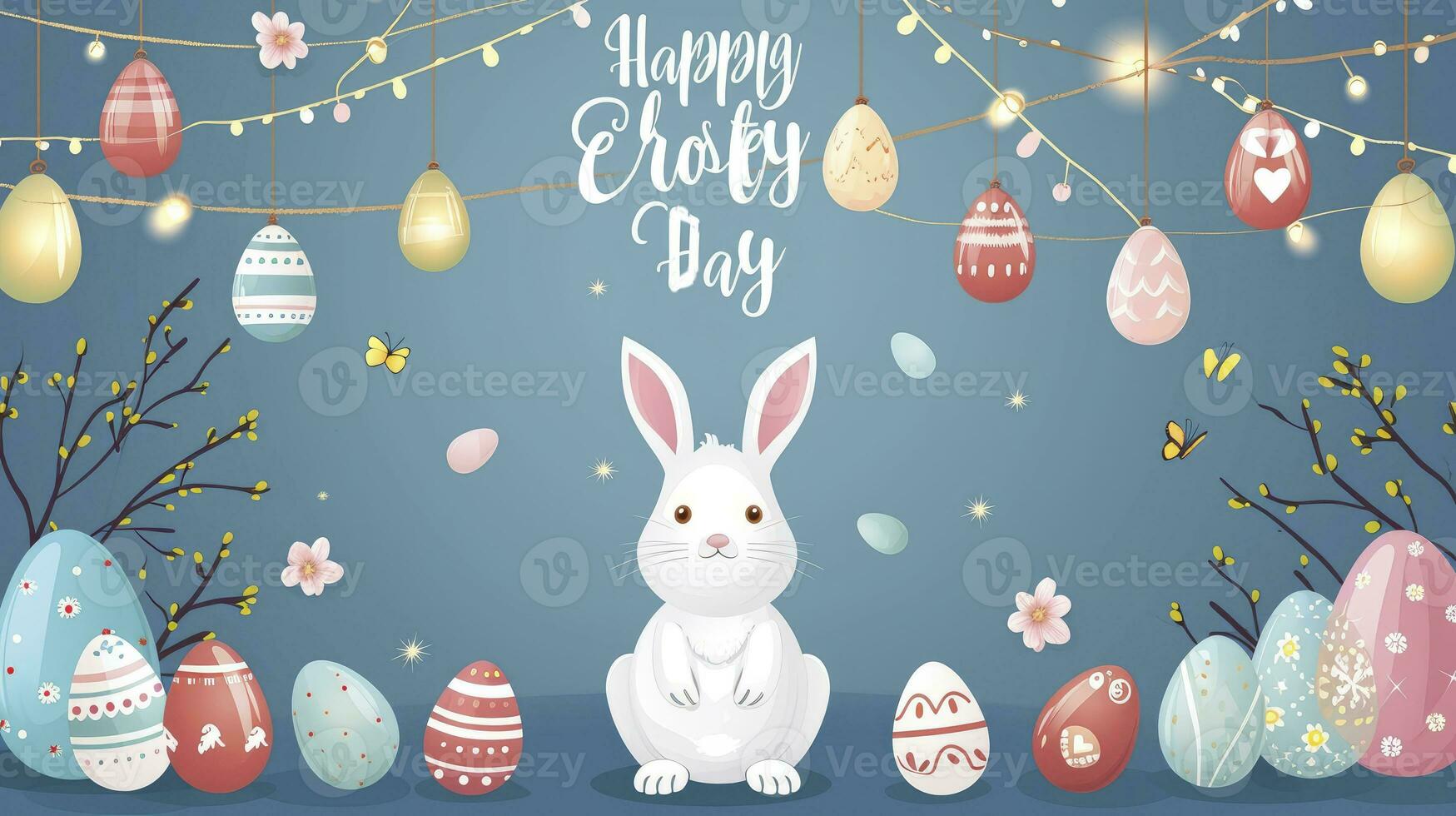 AI generated Happy Easter card with easter eggs garland and rabbit. Simple decoration. photo