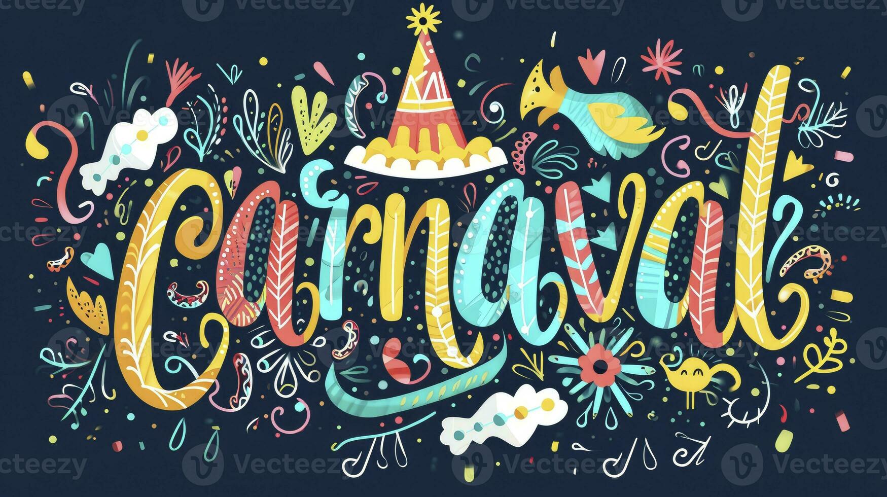 AI generated Hand drawn Carnaval Lettering. Carnival Title With Colorful Party Elements, confetti and brasil samba dansing photo