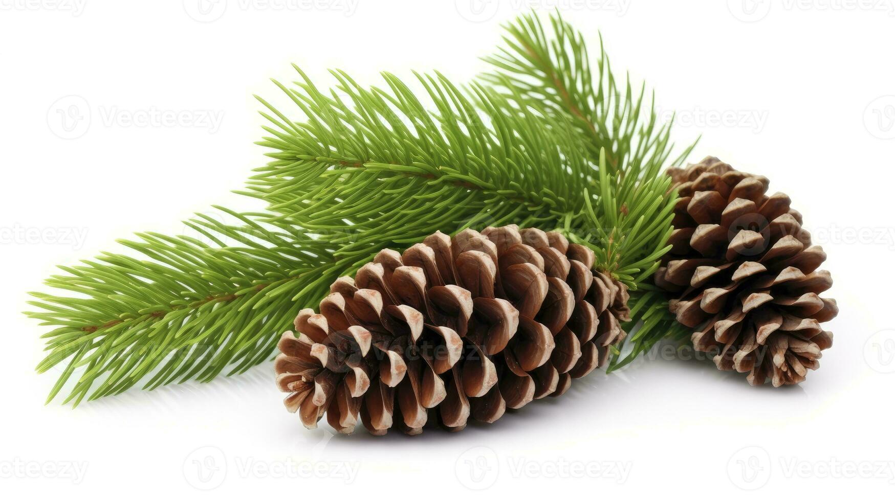 AI generated fir tree branches with cones isolated on white background photo