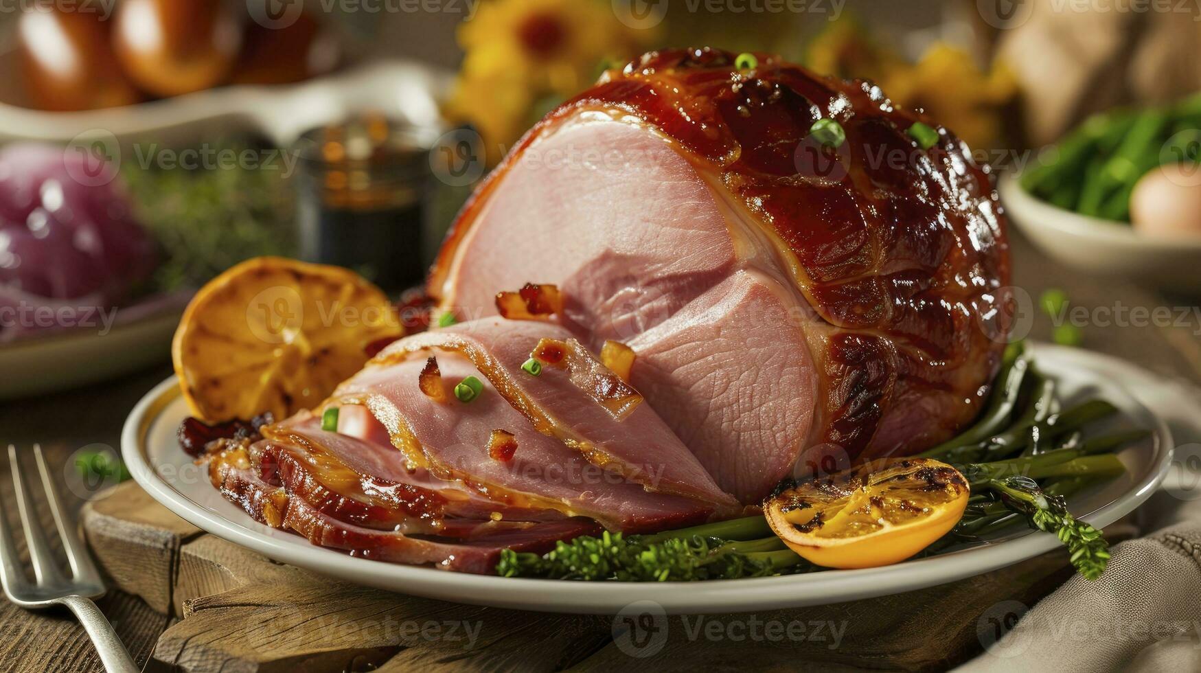 AI generated Homemade, warm, steaming Glazed Easter Spiral Cut Ham photo