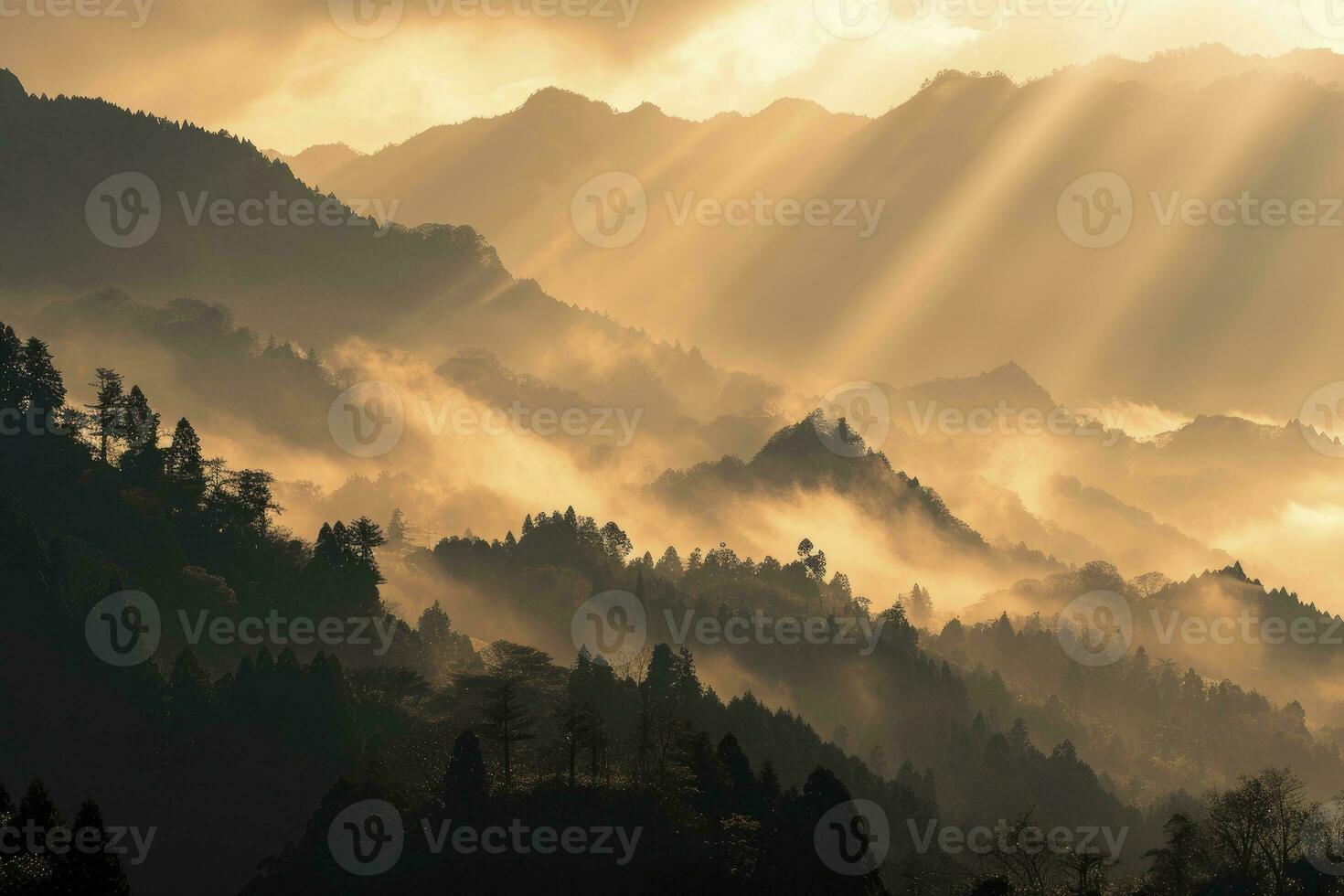 AI generated A mountain range forest and mist at sunrise, in the dark orange and light gold. photo