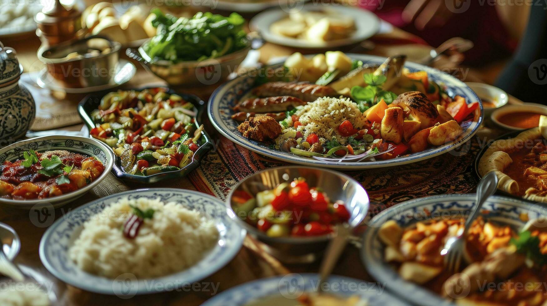 ai generado tradicional comida para iftar en hora de Ramadán foto