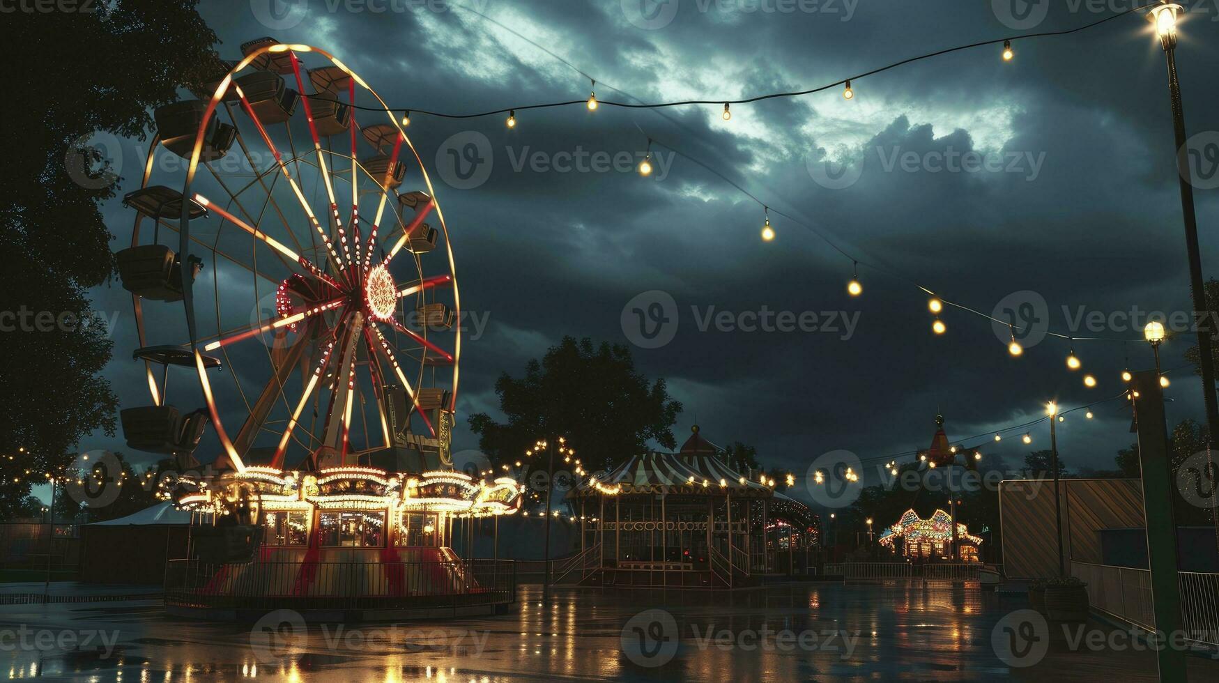 AI generated Old carnival with a ferris wheel on a cloudy night. 3D rendering, illustration photo