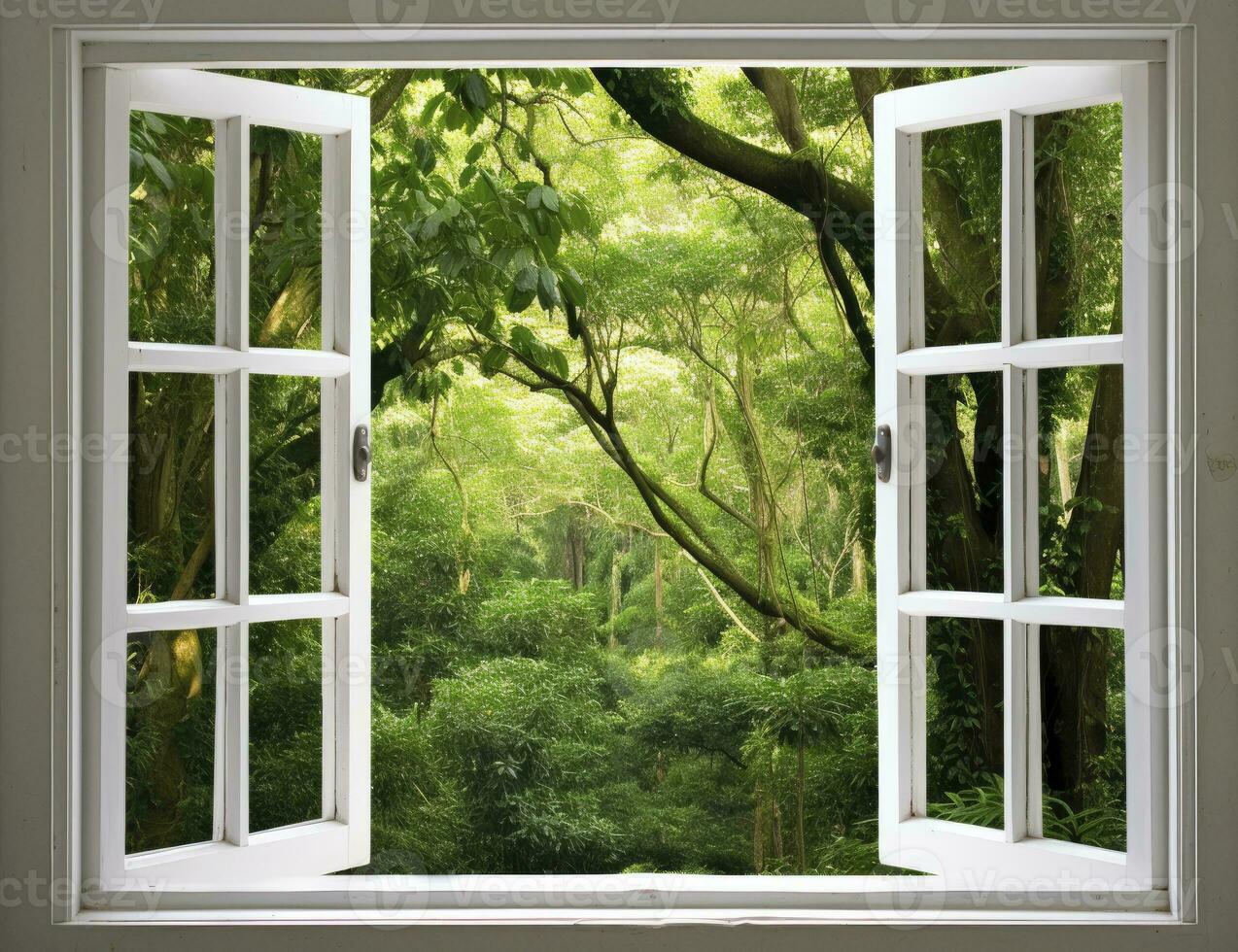 ai generado moderno casa abierto ventana ver bosque antecedentes foto