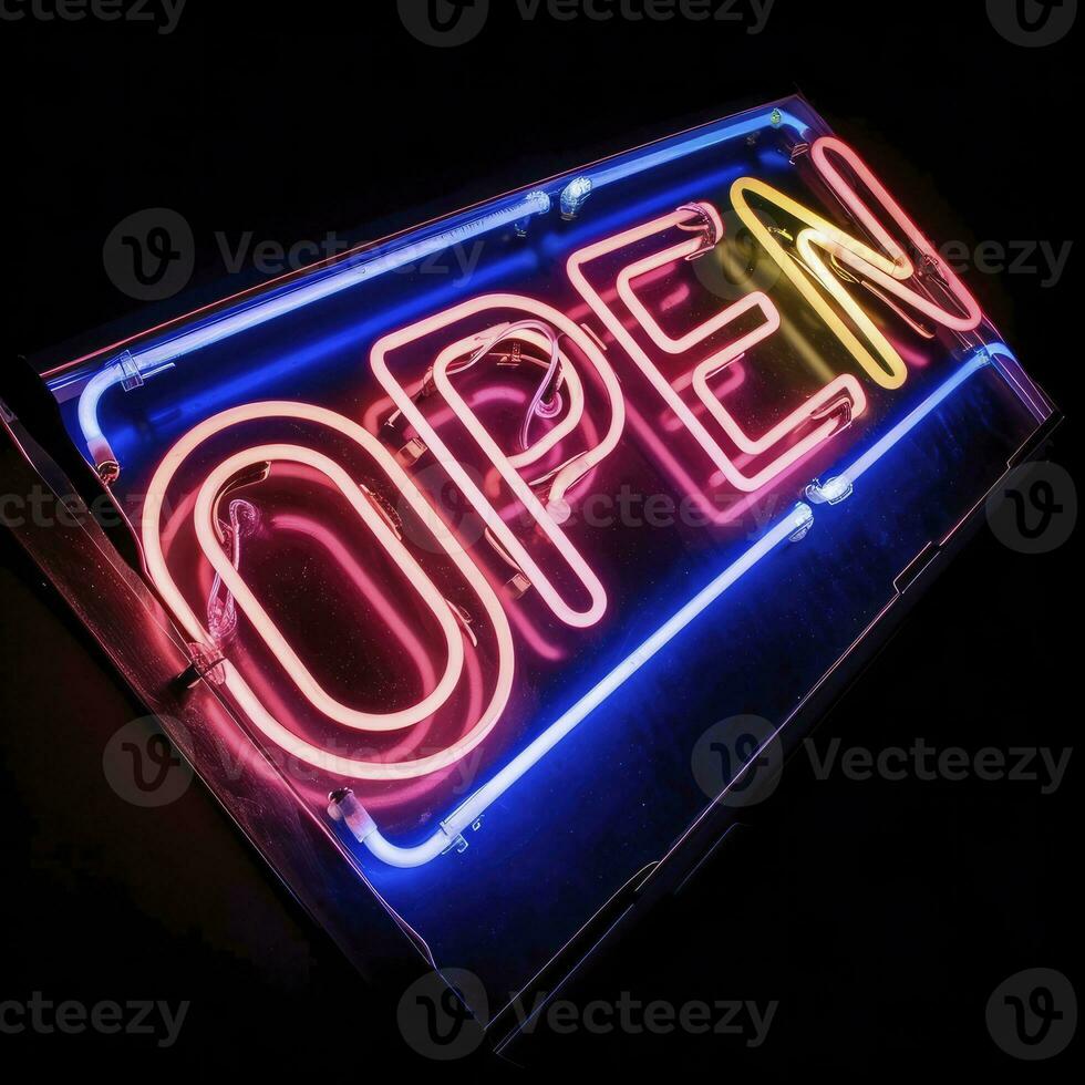 AI generated Neon vibrant OPEN text sign isolated on black photo