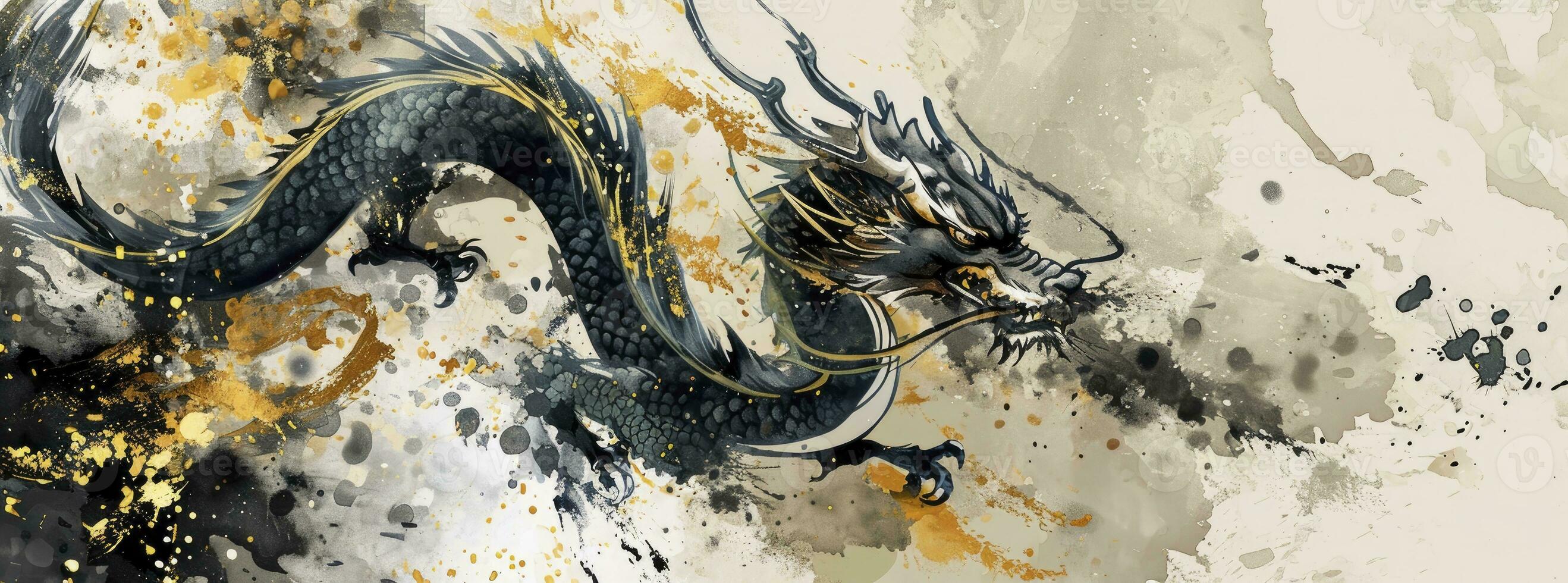 AI generated Happy New Year of the Dragon, in the style of ink wash collages, light gray and dark gold, elegant brushstrokes, decorative borders, watercolor. photo