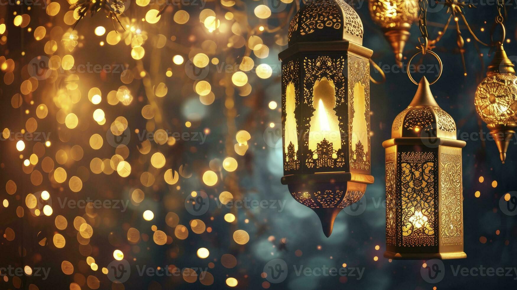 AI generated Arabic traditional Ramadan Kareem eastern lanterns garland. Muslim ornamental hanging golden lanterns on bokeh background. photo