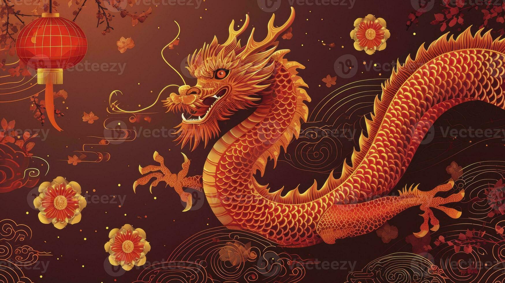AI generated Happy Chinese new year 2024. Year of the dragon. New year horizontal backgound with dragon. photo