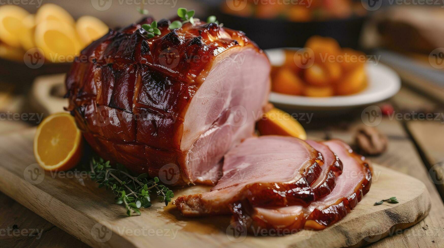 AI generated Homemade, warm, steaming Glazed Easter Spiral Cut Ham photo