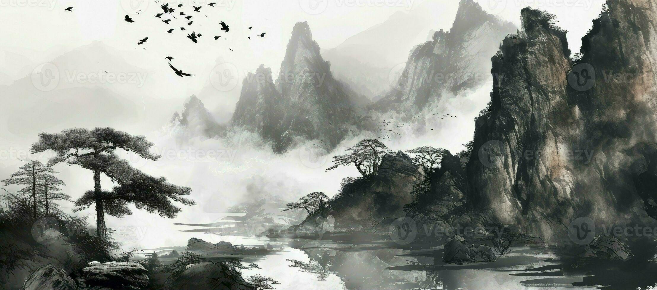 AI generated Chinese style ink landscape photo
