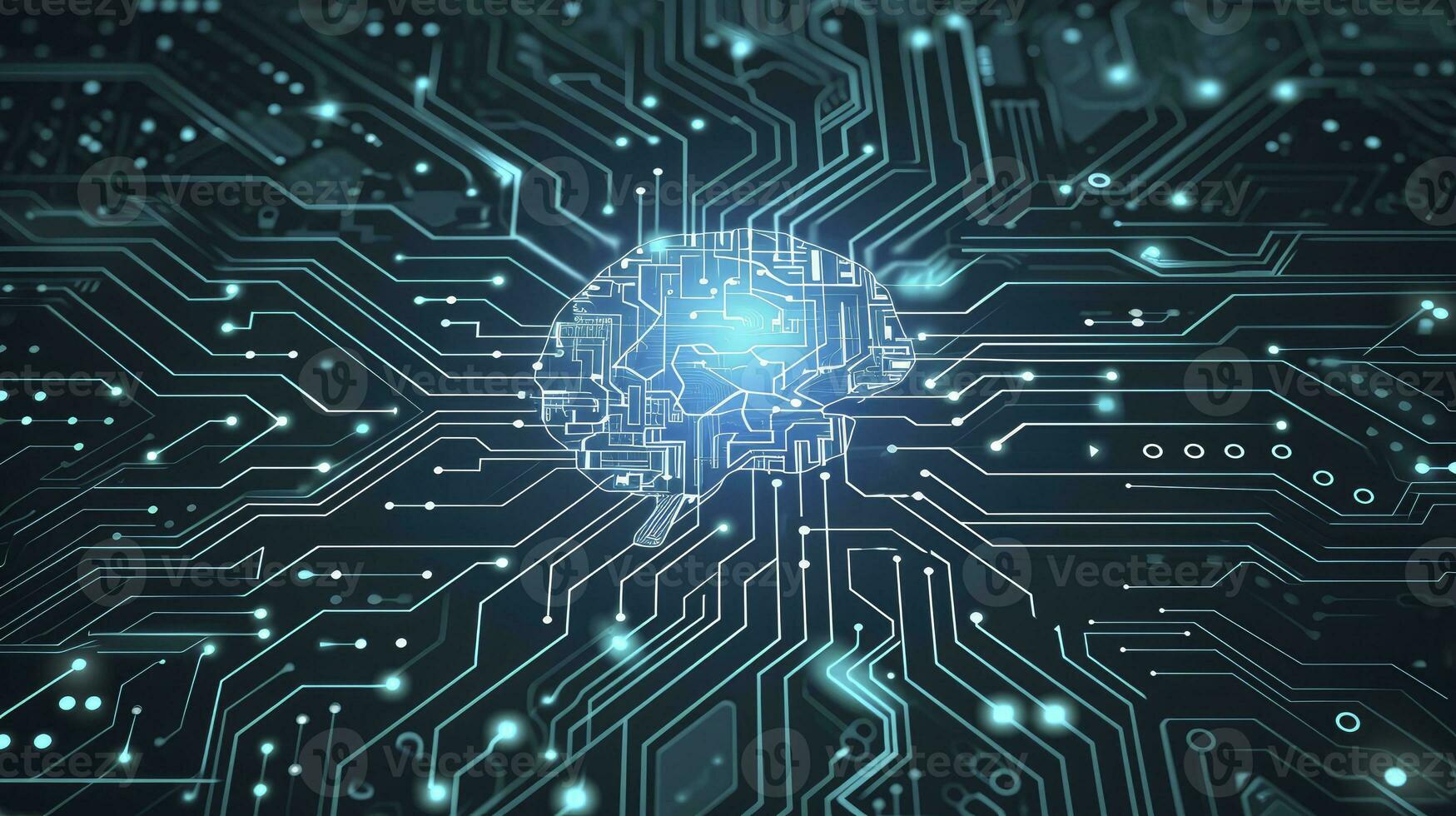 AI generated Futuristic Illustration of Artificial Intelligence Brain Concept with Digital Circuitry. AI brain circuit board icon illustration. photo