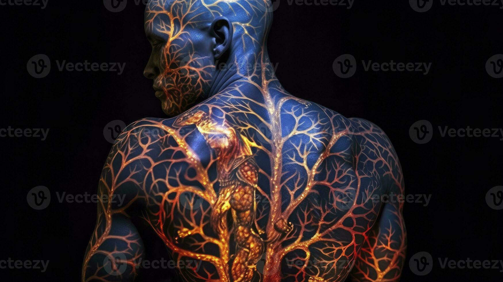 ai generado hombre foto con de colores luminoso tatuajes en su espalda