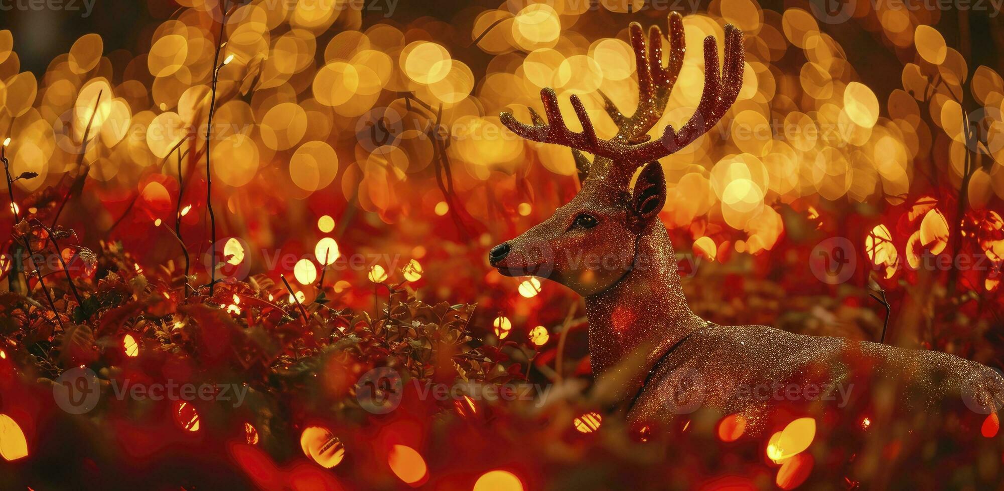 AI generated A gold deer sitting on a red background, in the style of bokeh panorama, glitter, and enchanting lighting. photo