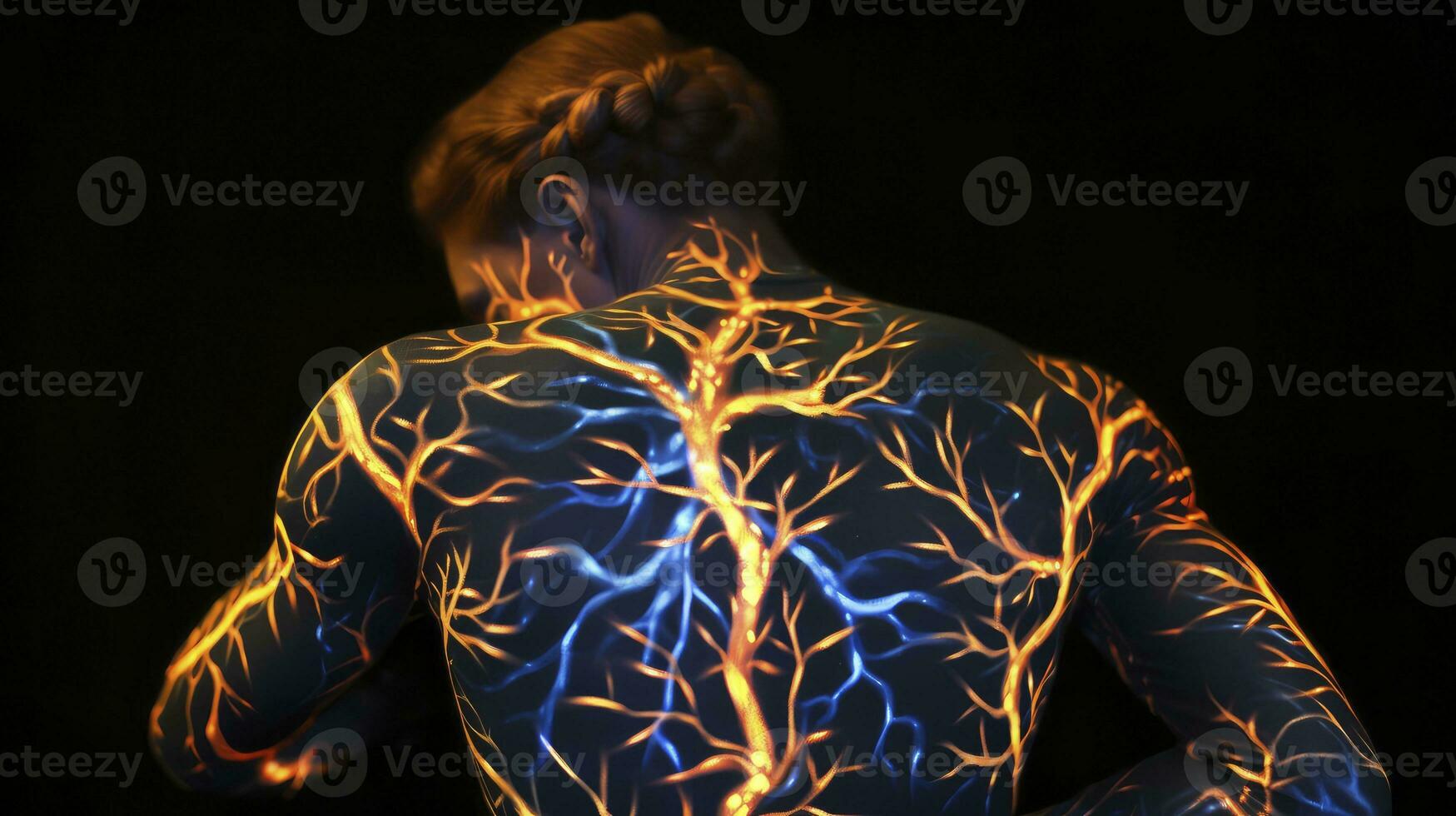 AI generated Man photo with colored luminous tattoos on her back