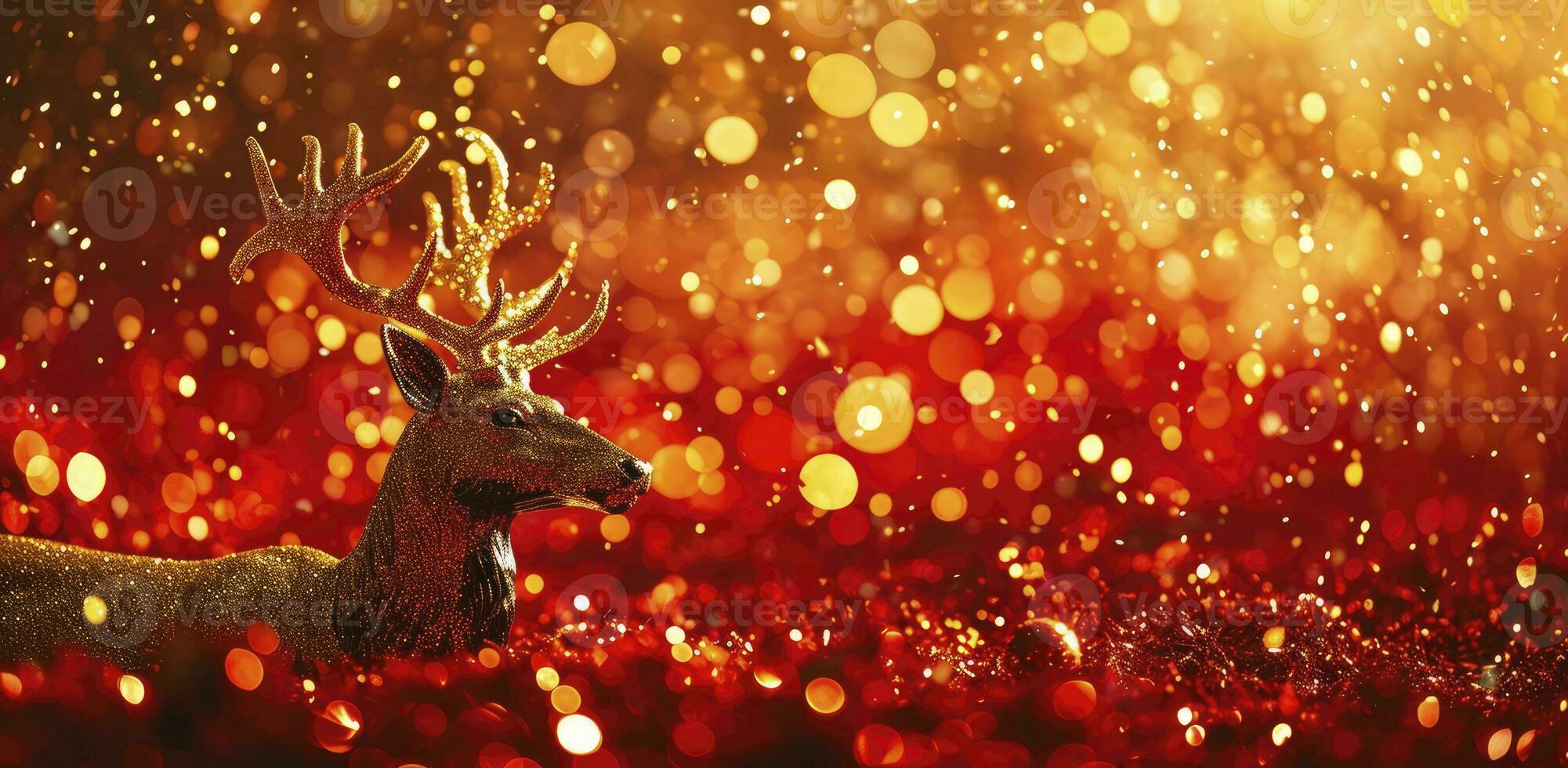 AI generated A gold deer sitting on a red background, in the style of bokeh panorama, glitter, and enchanting lighting. photo