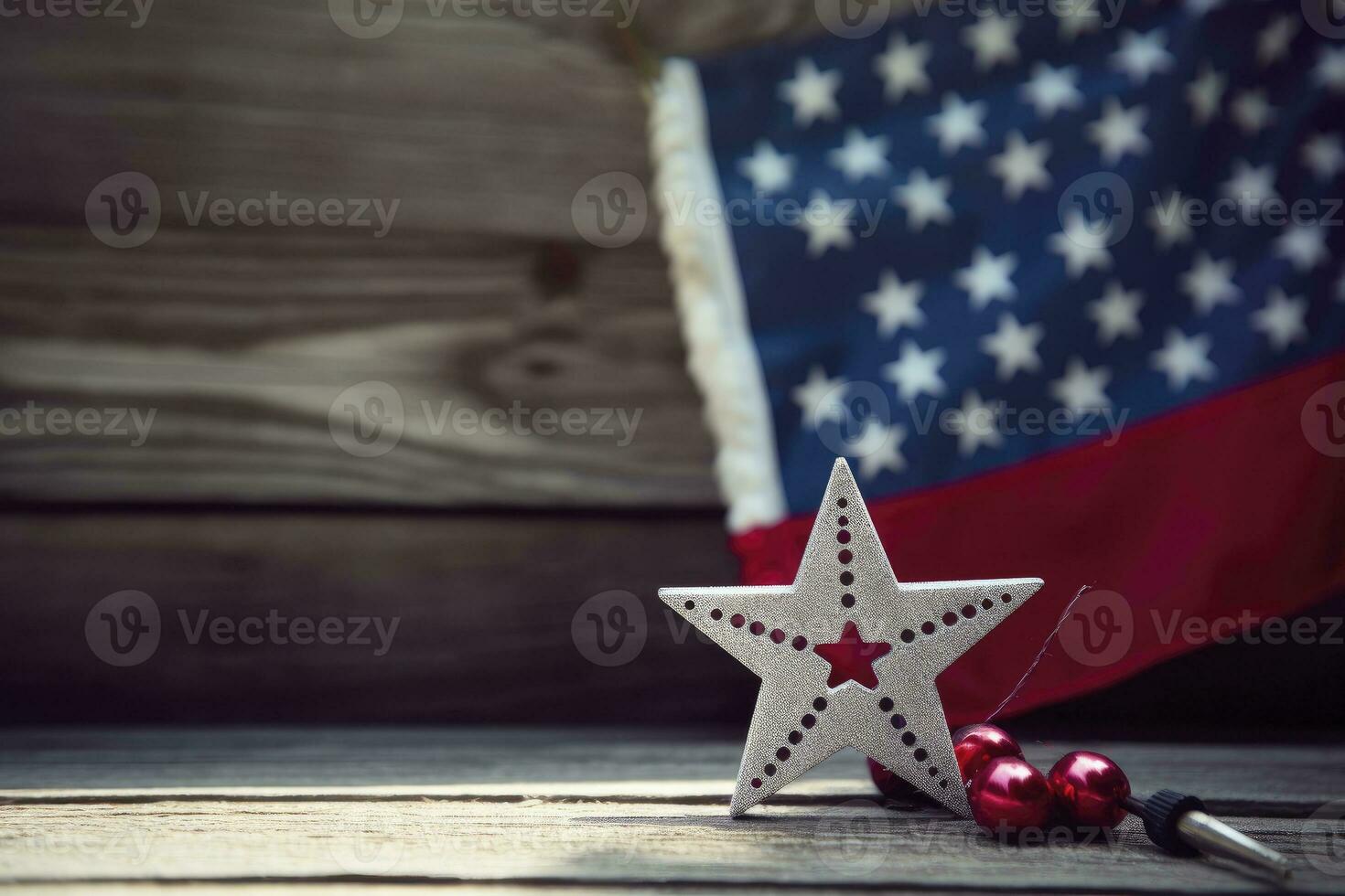 AI generated American flag on a wooden table with copy space for text photo