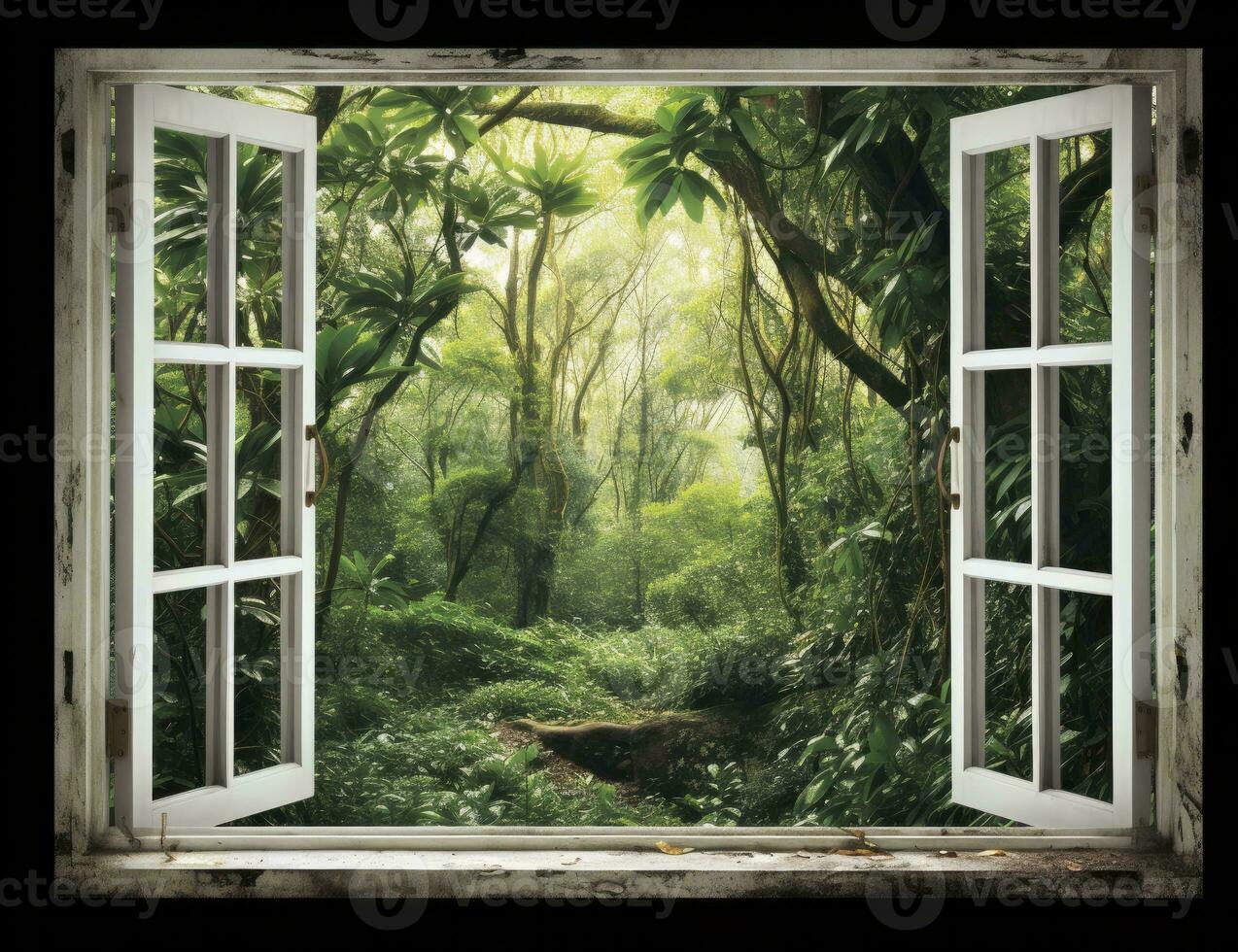 AI generated Modern house open window view forest background photo