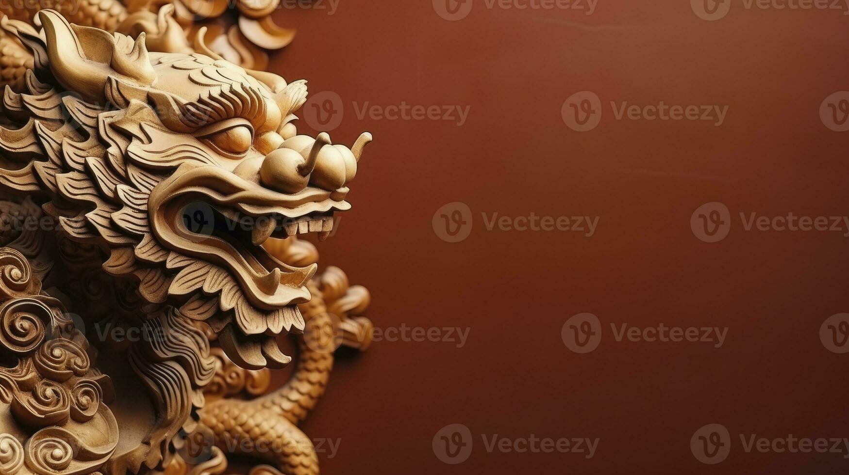 AI generated Chinese golden dragon on red background, space for text. photo