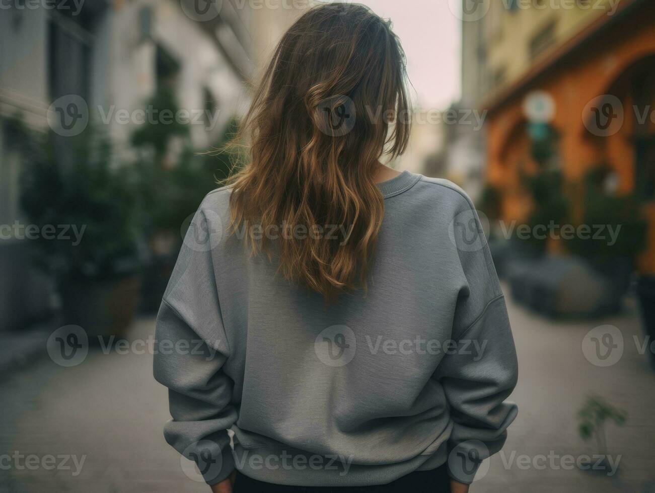 AI generated Walking woman back view wearing oversize dark grey gildan photo