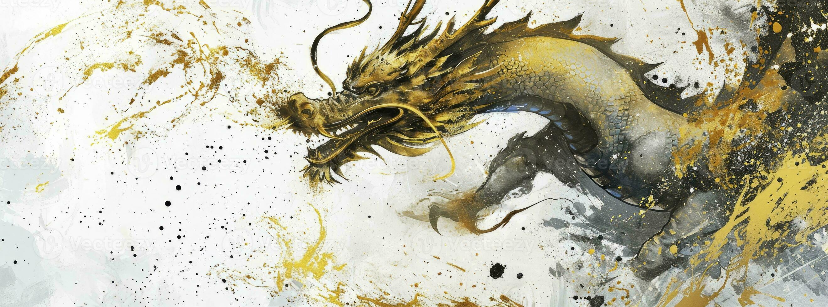 AI generated Golden dragon and gold brush strokes for the new year on a white background, in the style of ink wash collages, dark white and light gray,  enchanting watercolors. photo
