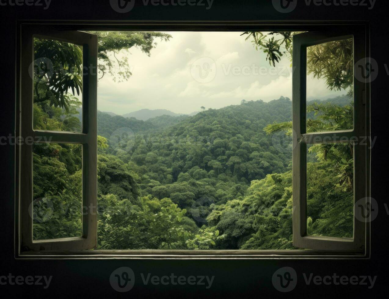 AI generated Modern house open window view forest background photo