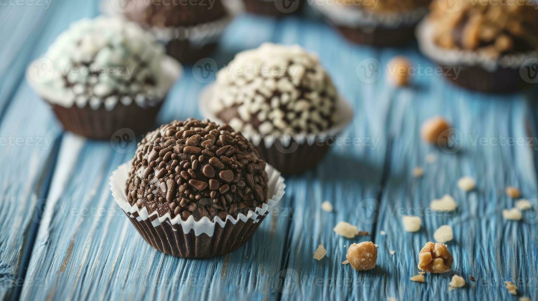 ai generado brigadeiro en papel formas en azul de madera fondo, cerca arriba foto