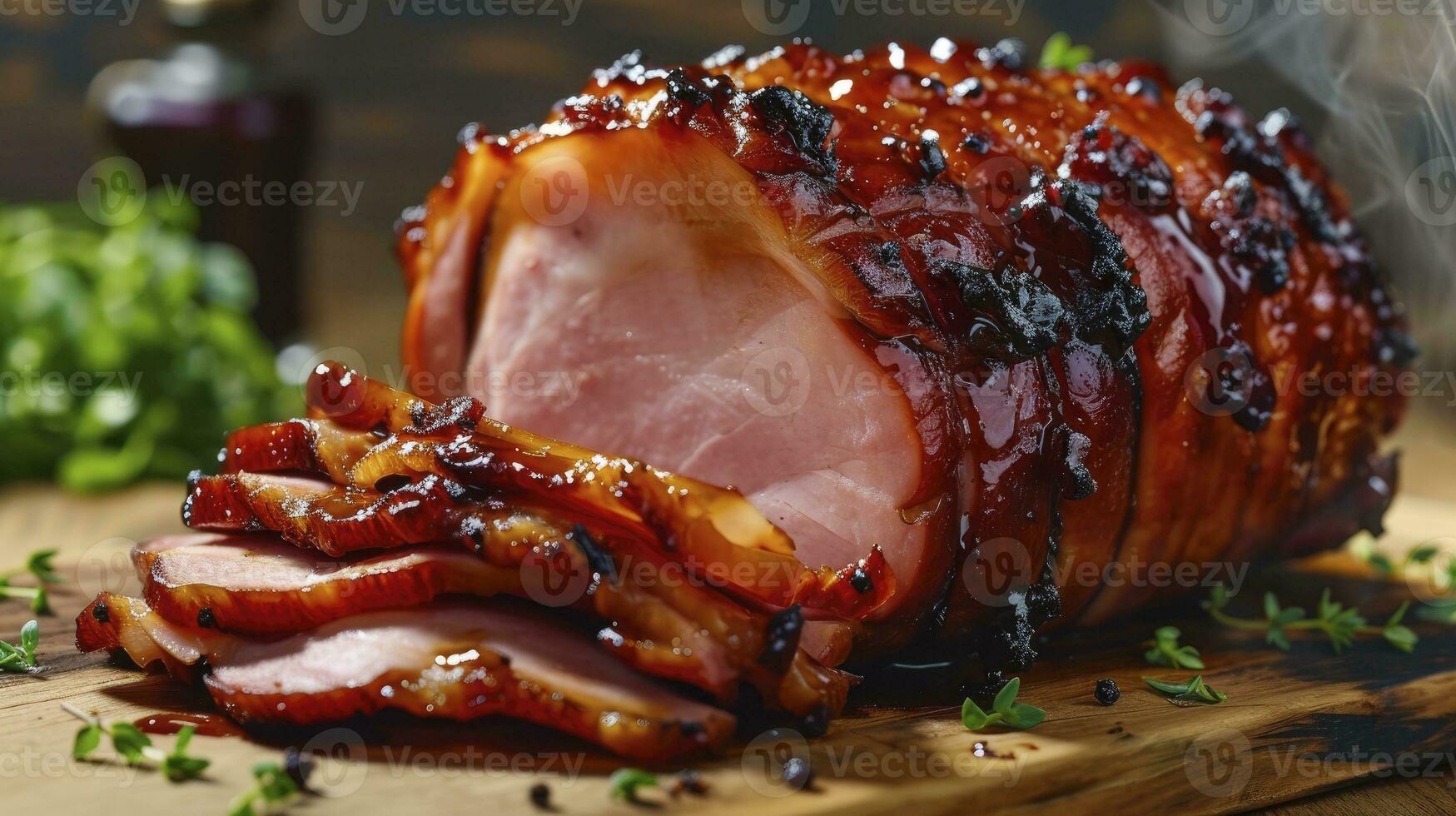 AI generated Homemade, warm, steaming Glazed Easter Spiral Cut Ham photo