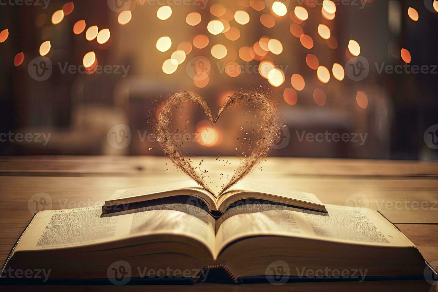 AI generated Open Book in Heart Shape on Library Table for World Book Day and Valentine Day photo