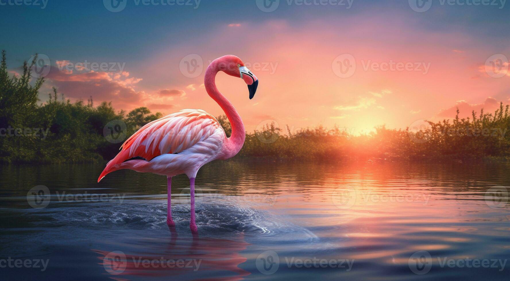 AI generated pink flamingo on the lake, pink flamingo swimming on the water, close-up of a beautiful pink flamingo photo