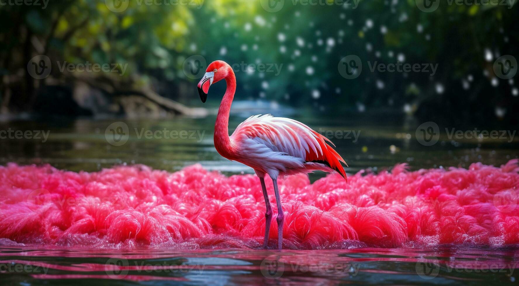 AI generated pink flamingo on the lake, pink flamingo swimming on the water, close-up of a beautiful pink flamingo photo