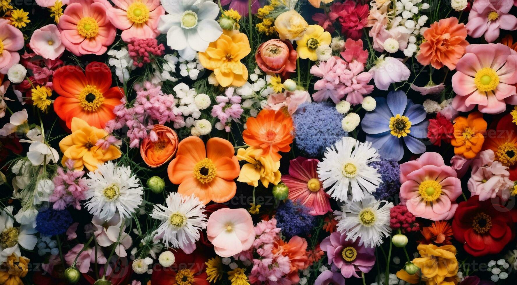 AI generated field of flowers, flowers in the field, colored flowers under the sky, colored flowers, flowers field photo