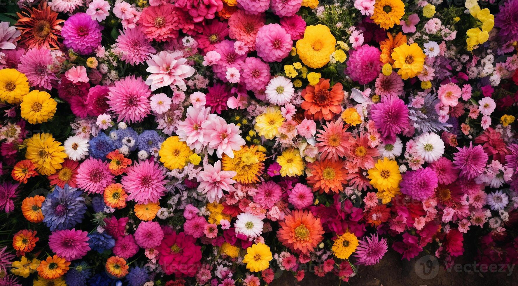 AI generated field of flowers, flowers in the field, colored flowers under the sky, colored flowers, flowers field photo