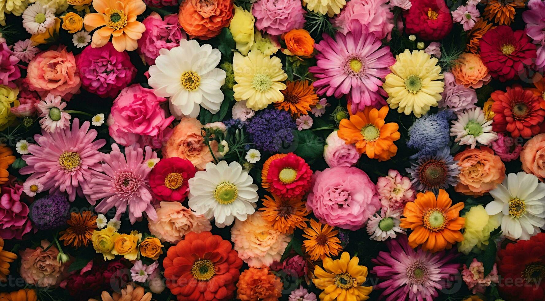 AI generated field of flowers, flowers in the field, colored flowers under the sky, colored flowers, flowers field photo