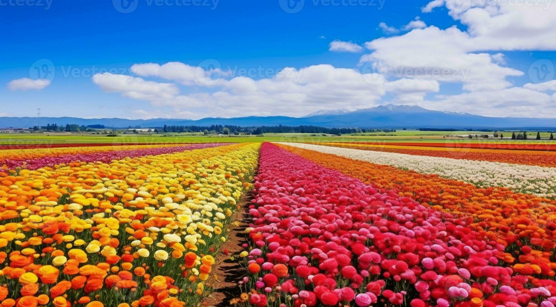 AI generated field of flowers, flowers in the field, colored flowers under the sky, colored flowers, flowers field photo