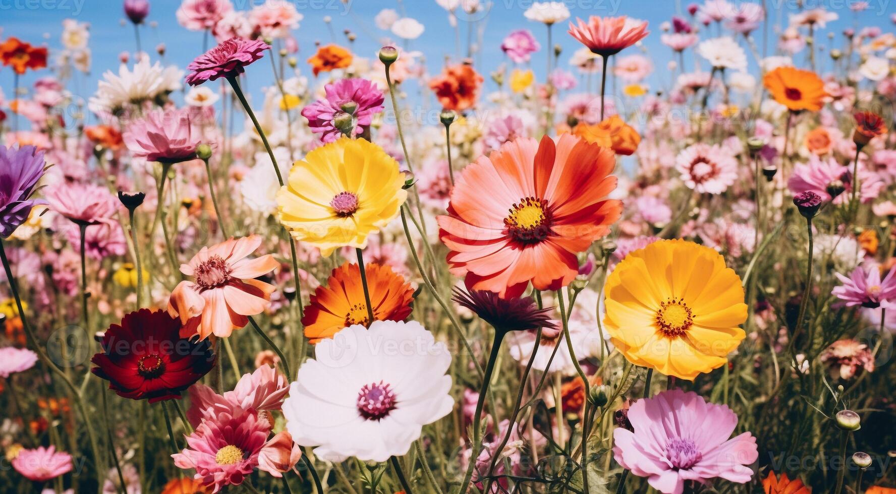 AI generated field of flowers, flowers in the field, colored flowers under the sky, colored flowers, flowers field photo