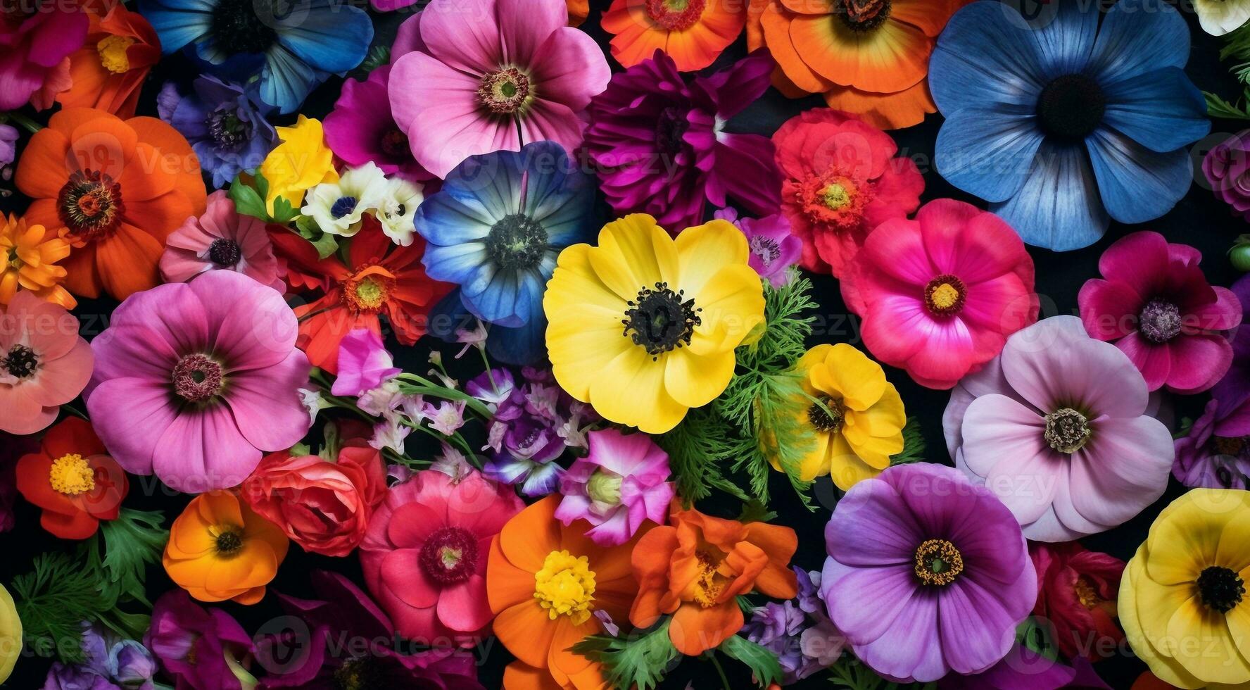 AI generated field of flowers, flowers in the field, colored flowers under the sky, colored flowers, flowers field photo