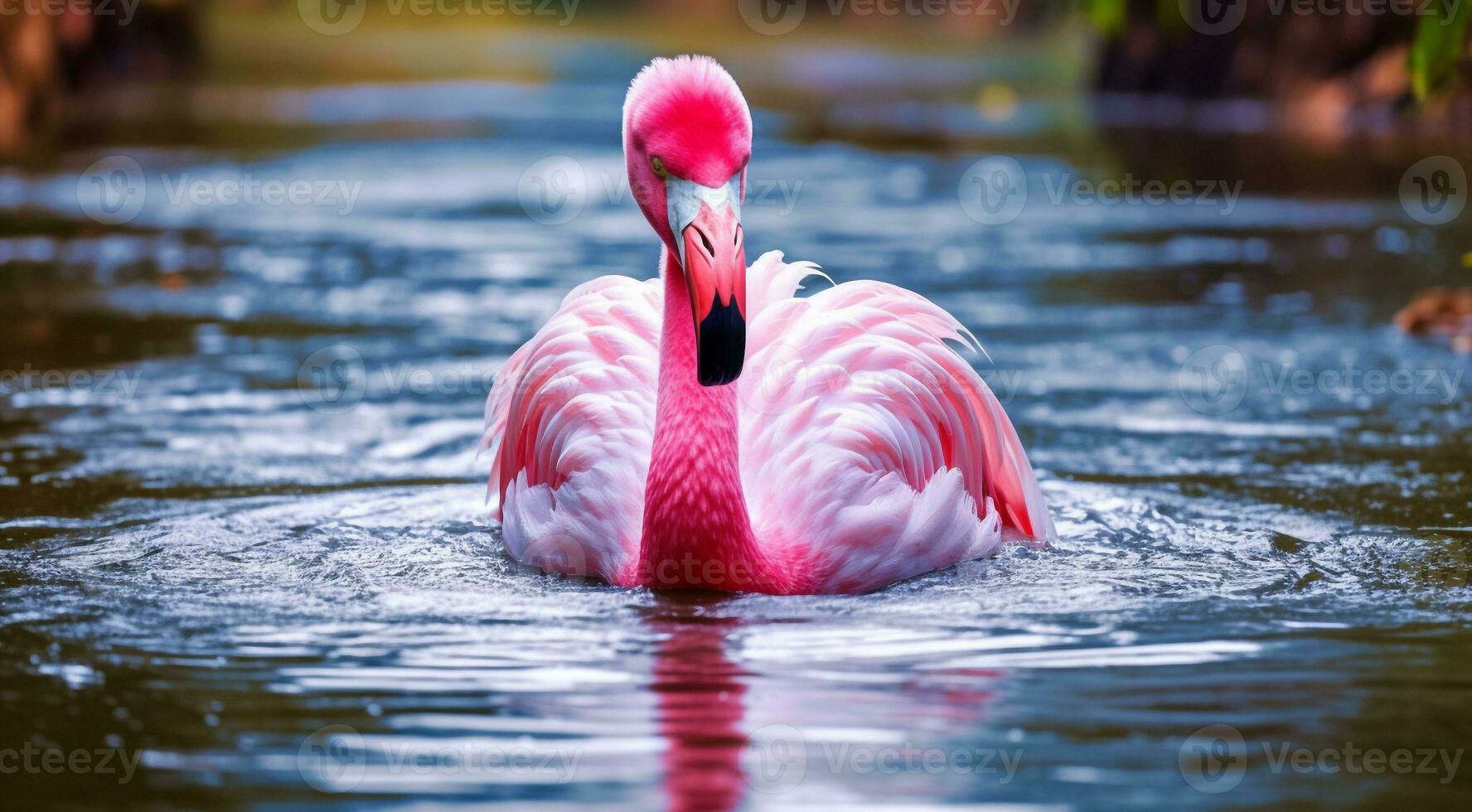 AI generated pink flamingo on the lake, pink flamingo swimming on the water, close-up of a beautiful pink flamingo photo