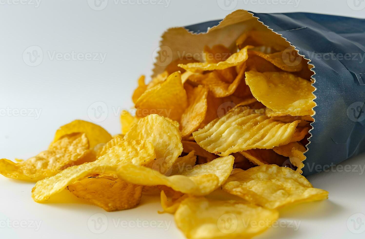 AI generated Potato chips in a paper bag on a white background closeup photo