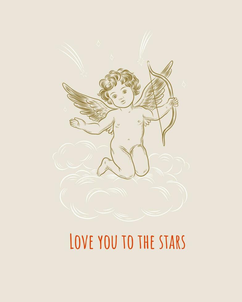 Clásico San Valentín día cupidos o pequeño ángeles tarjetas grabado retro estilo vector