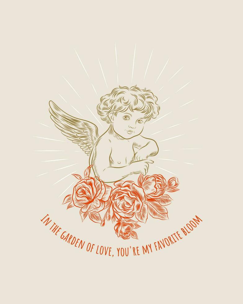 Vintage Valentine's day cupids or little angels cards. Engraving retro style vector