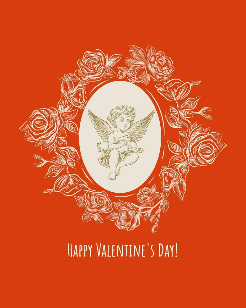 Vintage Valentine's day cupids or little angels cards. Engraving retro style vector