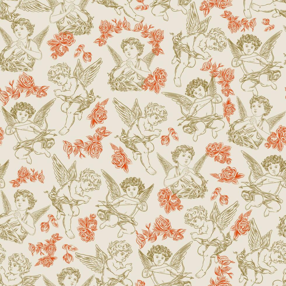 Seamless Pattern with cupids. Happy Valentine's day. Vintage engraving style vector