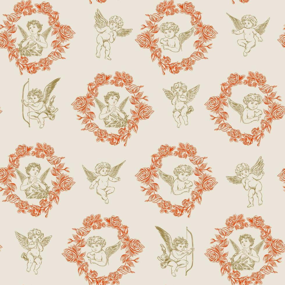 Seamless Pattern with cupids. Happy Valentine's day. Vintage engraving style vector